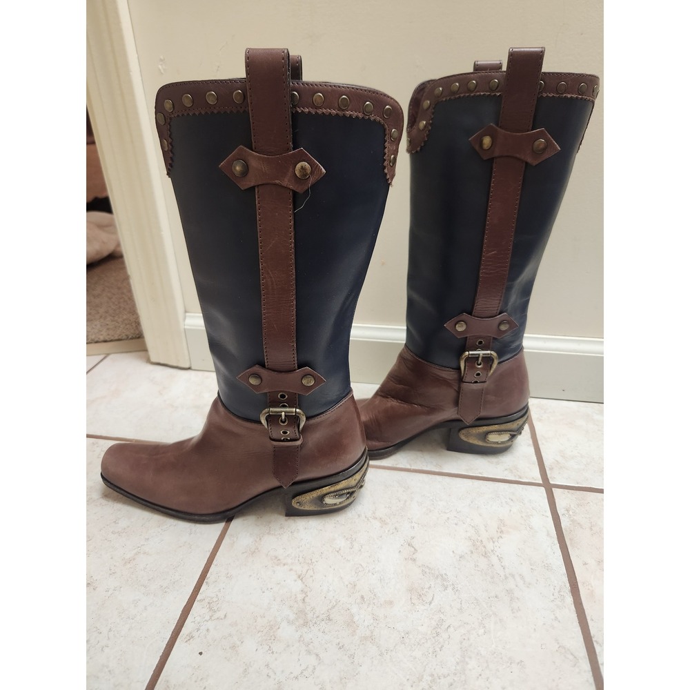 Vicini Giuseppe Zanotti Blue Brown Leather Ornate Heel Tall‎ Boots Italy 37.5
